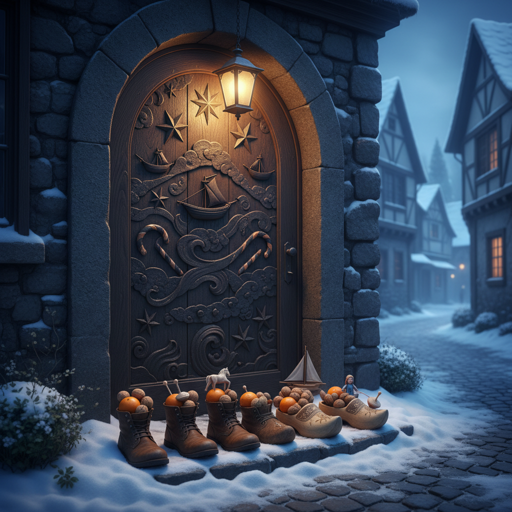 An intricately carved wooden door in a snowy village lane, its surface decorated with raised images of stars, small boats, and candy canes that hint at Saint Nicholas’s many legends. At the doorstep lies a neatly arranged row of little leather boots and wooden clogs, each filled with oranges, walnuts, and small wooden toys, as if a miracle has just occurred. Soft pre-dawn blue light washes over the scene, with a single lantern casting a warm golden halo on the doorstep. Photographic realism, eye-level composition, moderate depth of field to keep the door and gifts sharp while the snowy street fades into a dreamy blur, evoking quiet wonder.