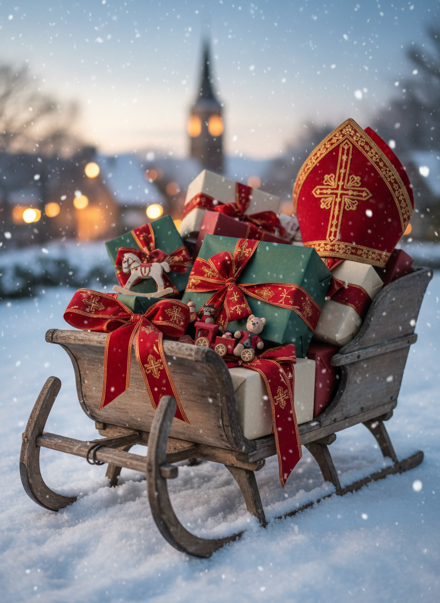 A close-up of an antique wooden sleigh filled with beautifully wrapped gifts, each box topped with glossy red and gold ribbons and tiny carved wooden toys peeking out. A plush red bishop’s mitre with golden embroidery, symbolizing Saint Nicholas, rests at the front of the sleigh. The sleigh sits on freshly fallen snow sparkling under soft evening light. In the distance, blurred outlines of a cozy village and a glowing church tower suggest a peaceful Christmas Eve. Photographic realism, shot from a low, slightly angled perspective with gentle snowflakes caught in the light, creating a magical, child-friendly mood of generosity and anticipation.
