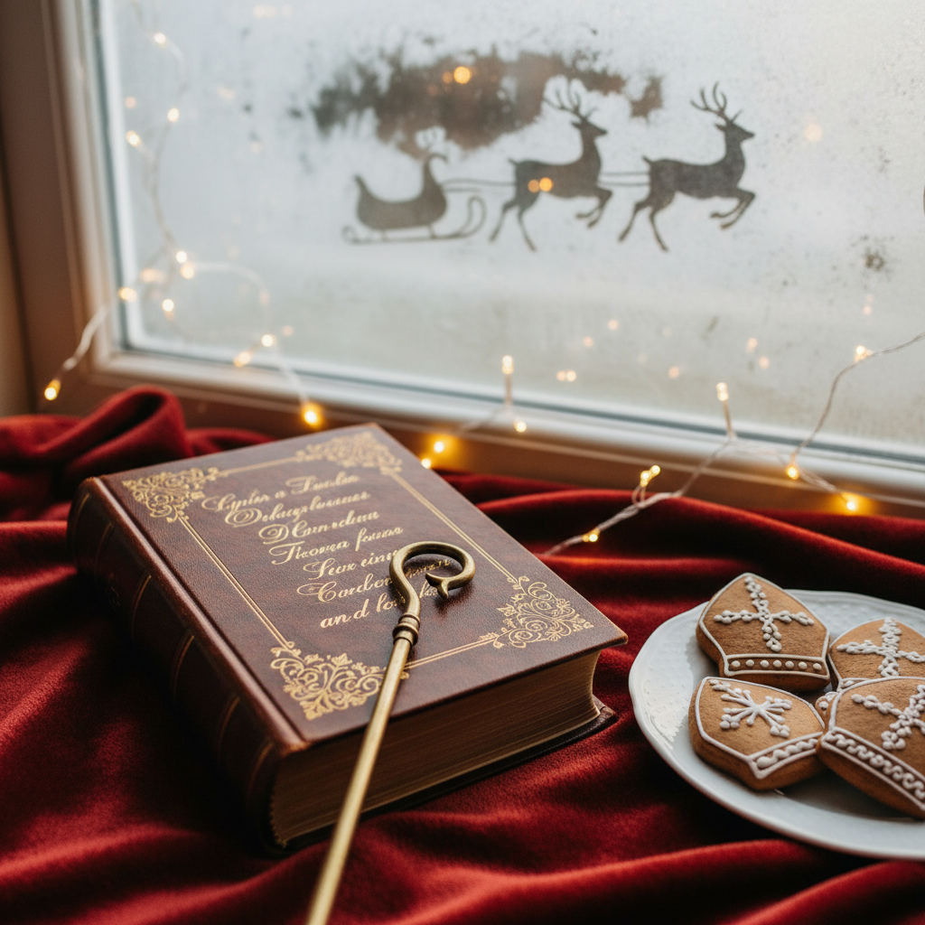A cozy reading nook featuring an open, leather-bound storybook titled with an ornate, unreadable script, resting on a plush red blanket. Beside it, a vintage brass bookmark shaped like a bishop’s staff and a plate of gingerbread cookies in the shape of mitres and staffs subtly reference Saint Nicholas. Fairy lights drape around a frosted window where faint silhouettes of reindeer and a sleigh are etched in the glass. Soft, diffused afternoon light filters through, creating gentle highlights on the book’s gilded edges. Photographic realism, shot from a slightly elevated angle with a warm, inviting color palette and sharp focus on the book, evoking the joy of reading Saint Nicholas miracle stories.