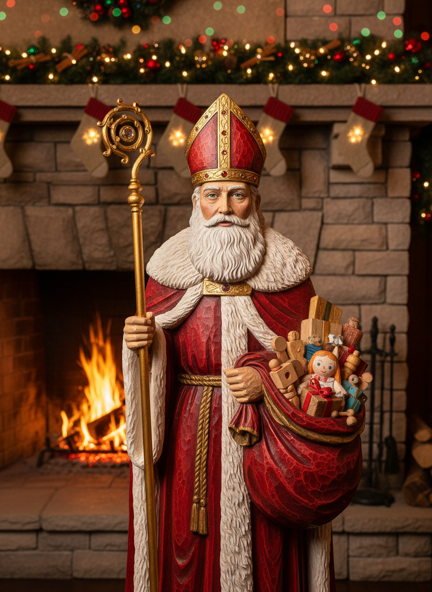 A richly detailed, life-sized wooden statue of Saint Nicholas in a classic red bishop’s robe trimmed with soft white fur, holding an ornate golden staff and an overflowing velvet sack of toys. He stands beside a crackling stone fireplace hung with tiny empty stockings, each glowing faintly as if waiting for miracles. Warm golden lamplight mixes with soft, twinkling fairy lights draped along a mantel covered in evergreen garlands and cinnamon sticks. Photographic realism, eye-level composition with a shallow depth of field so the background becomes a gentle bokeh of colored lights, creating a playful, uplifting Christmas atmosphere ideal for a blog homepage hero image.