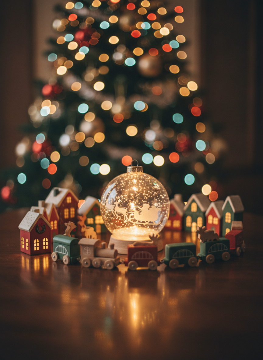 A polished wooden tabletop scene styled like a playful Christmas miracle in miniature: tiny toy trains, carved reindeer, and painted wooden houses arranged in a circle around a central, glowing glass ornament etched with the silhouette of Saint Nicholas. Inside the ornament, a soft warm light illuminates swirling flecks that resemble snow, creating reflections on the table’s surface. The background shows a blurred Christmas tree with colorful lights and shiny baubles. Photographic realism, captured from a slightly elevated angle, with a shallow depth of field that turns the tree lights into cheerful bokeh. The mood is whimsical and uplifting, perfect for illustrating small, everyday miracles of Christmas joy.